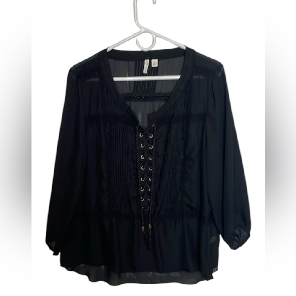 CATO WOMENS BLACK LACE UP FRONT BLOUSE WITH PLEAT DETAIL SIZE XL